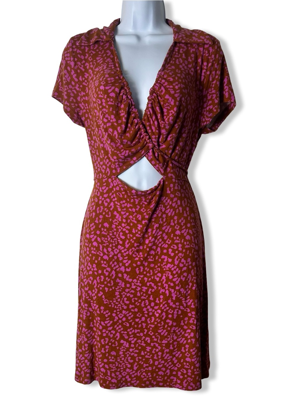 Free People Women’s Wrap Dress Leopard‎ Print Brown Pink Short Sleeve Sz. M
